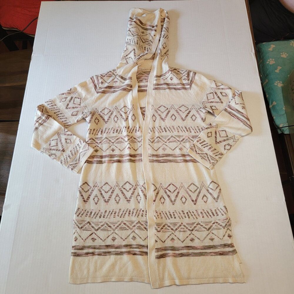 Hem & Thread knit Cardigan Duster w/Hood Tan & Brown Triangle designs - Small